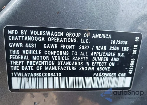 2019 Volkswagen Passat 2.0T Wolfsburg Edition z USA, uszkodzony, nr VIN 1VWLA7A36KC006413